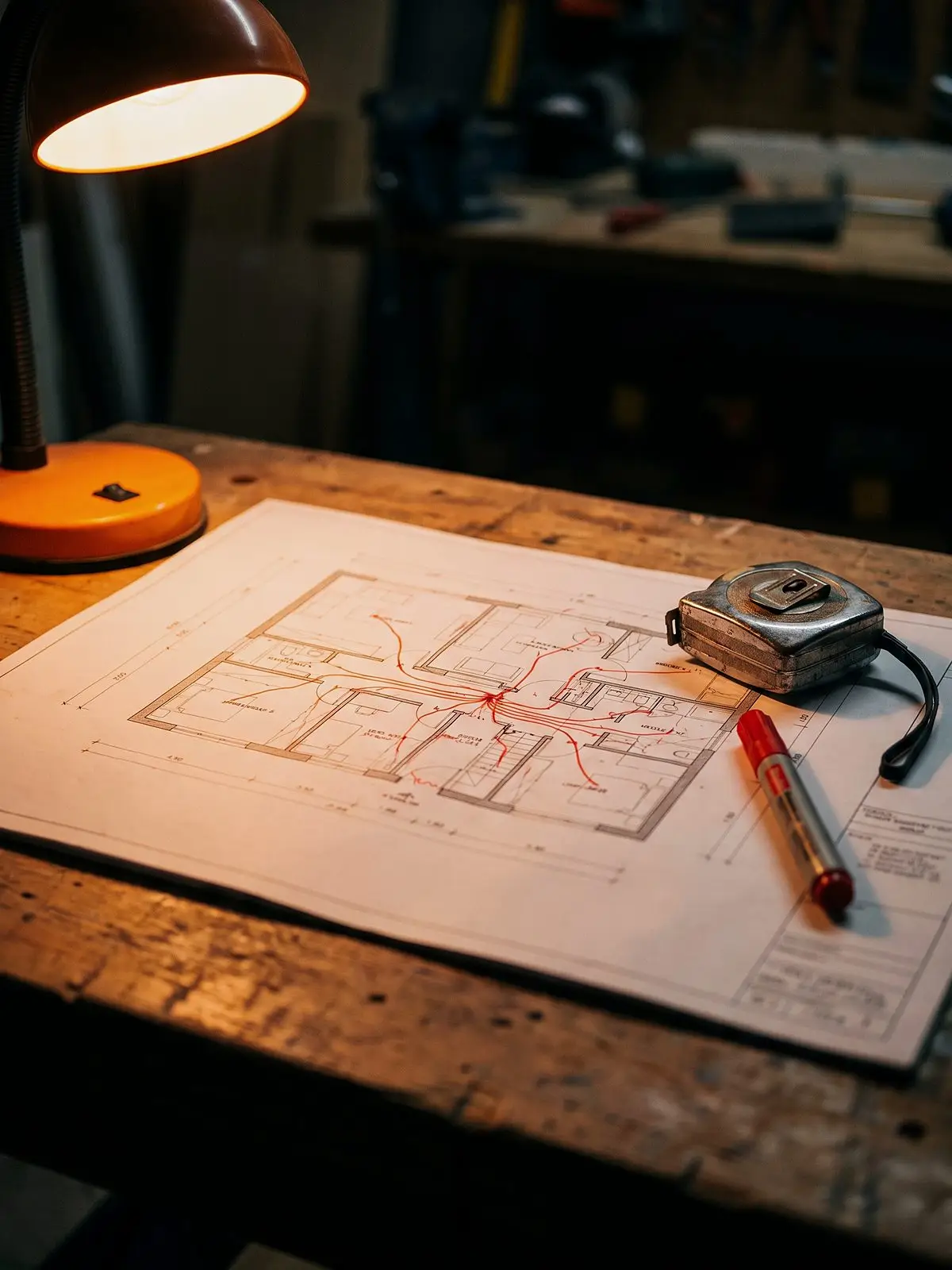 Marked-up floor plan showing cable routes and device locations